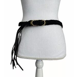 Frye & Co Women Medium Reversible Woven Belt Brown Leather Black Tassel #MQ8